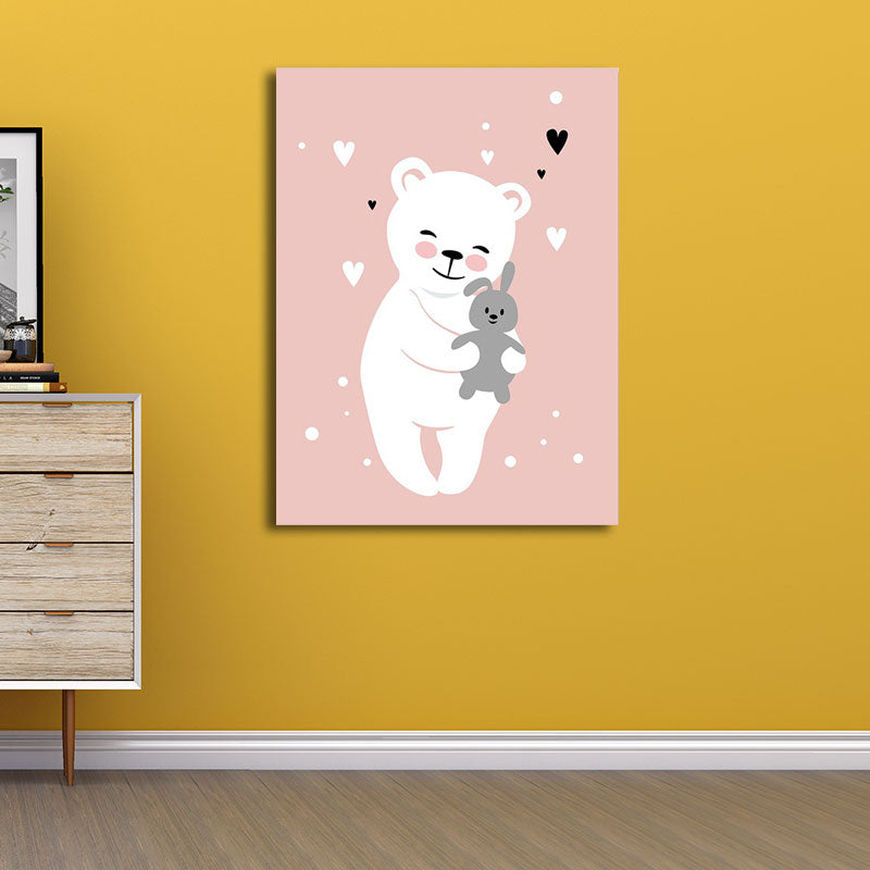 Pink Bear and Rabbit Canvas Animal Cartoon Decorative Wall Art Print for Kids Room Pink Clearhalo 'Art Gallery' 'Canvas Art' 'Kids' Arts' 1654476