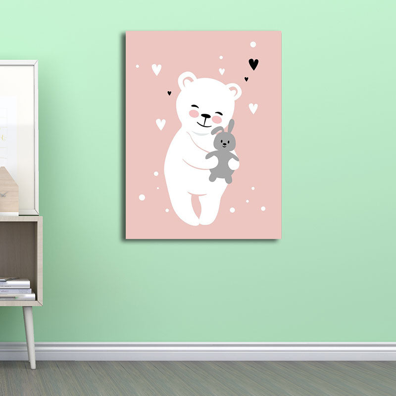 Pink Bear and Rabbit Canvas Animal Cartoon Decorative Wall Art Print for Kids Room Clearhalo 'Art Gallery' 'Canvas Art' 'Kids' Arts' 1654477