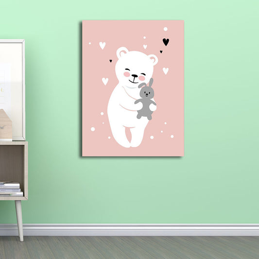 Pink Bear and Rabbit Canvas Animal Cartoon Decorative Wall Art Print for Kids Room Clearhalo 'Art Gallery' 'Canvas Art' 'Kids' Arts' 1654477