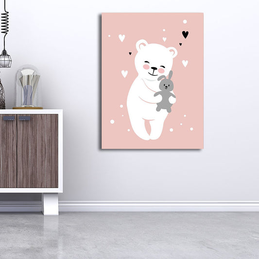 Pink Bear and Rabbit Canvas Animal Cartoon Decorative Wall Art Print for Kids Room Clearhalo 'Art Gallery' 'Canvas Art' 'Kids' Arts' 1654478