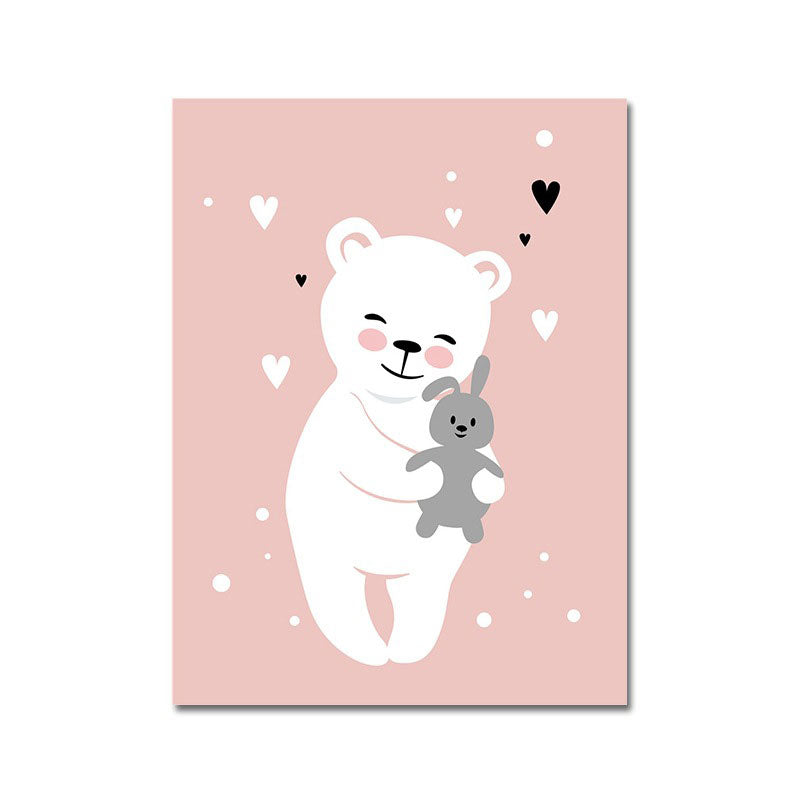 Pink Bear and Rabbit Canvas Animal Cartoon Decorative Wall Art Print for Kids Room Clearhalo 'Art Gallery' 'Canvas Art' 'Kids' Arts' 1654479