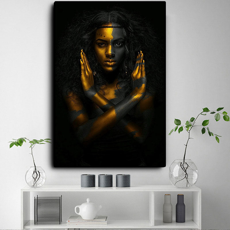 Gold Modern Style Art Print African Woman NO Gesture Wall Decor for Sitting Room Gold Clearhalo 'Arts' 'Canvas Art' 1654537