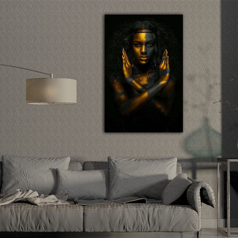Gold Modern Style Art Print African Woman NO Gesture Wall Decor for Sitting Room Clearhalo 'Arts' 'Canvas Art' 1654538