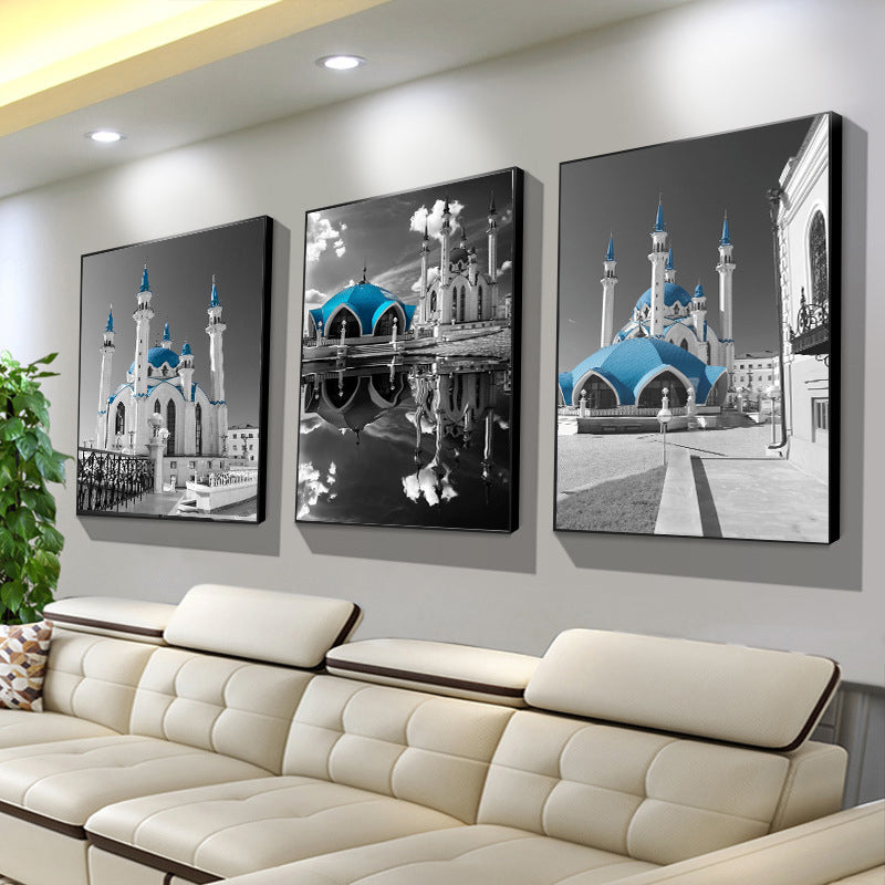 Lienzo de arte de pared de Castle de inspiración global decoración de pared azules texturizadas para sala de estar