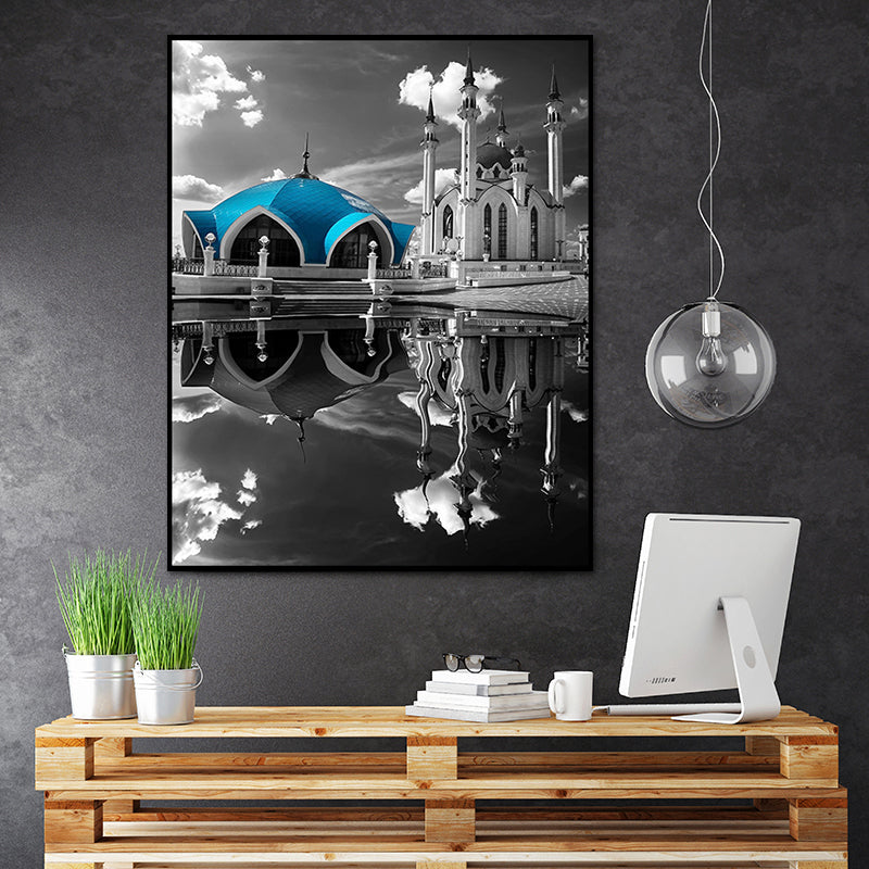 Global Inspired Castle Wall Art Canvas Textured Blue Wall Decor for Sitting Room Clearhalo 'Arts' 'Canvas Art' 1654619