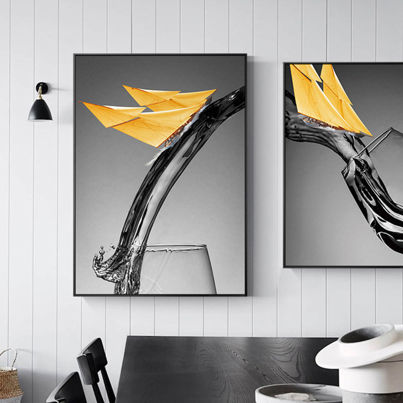 Canvas Textured Wall Decor Modern Novelty Boat Flowing into Wine Glass Art Print in Yellow Yellow Design 1 Clearhalo 'Art Gallery' 'Canvas Art' 'Contemporary Art Gallery' 'Modern' Arts' 1654651