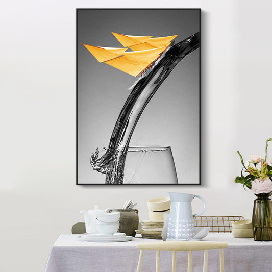 Canvas Textured Wall Decor Modern Novelty Boat Flowing into Wine Glass Art Print in Yellow Clearhalo 'Art Gallery' 'Canvas Art' 'Contemporary Art Gallery' 'Modern' Arts' 1654652