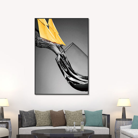 Canvas Textured Wall Decor Modern Novelty Boat Flowing into Wine Glass Art Print in Yellow Clearhalo 'Art Gallery' 'Canvas Art' 'Contemporary Art Gallery' 'Modern' Arts' 1654659