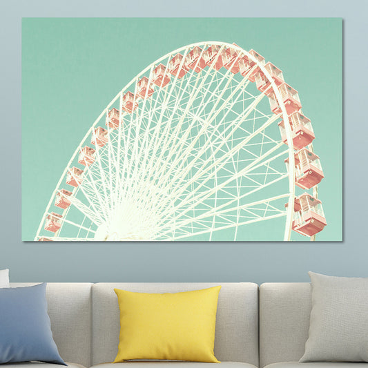 Ferris Wheel Wall Art Print Modern Textured Canvas in Pink on Green for Kids Room Pink