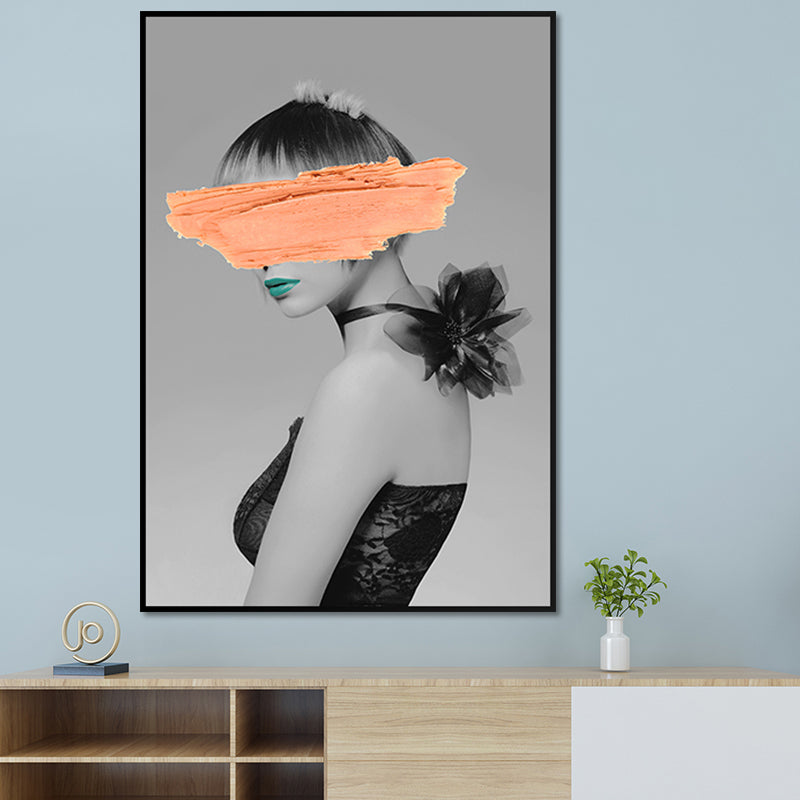 Glam Model Figure Canvas Print Dark Color Textured Wall Art Decor for Girls Room Orange Clearhalo 'Arts' 'Canvas Art' 1654676