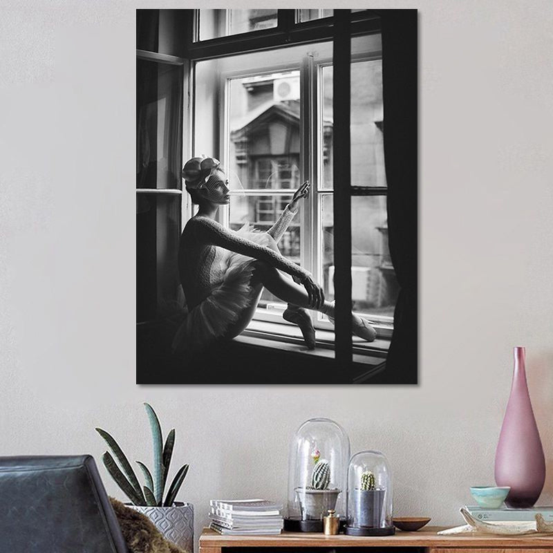 Nostalgic Canvas Wall Art Grey Photograph Ballet Dancer at the Window Wall Decor Grey Clearhalo 'Arts' 'Canvas Art' 1654680