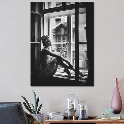 Nostalgic Canvas Wall Art Grey Photograph Ballet Dancer at the Window Wall Decor Grey Clearhalo 'Arts' 'Canvas Art' 1654680
