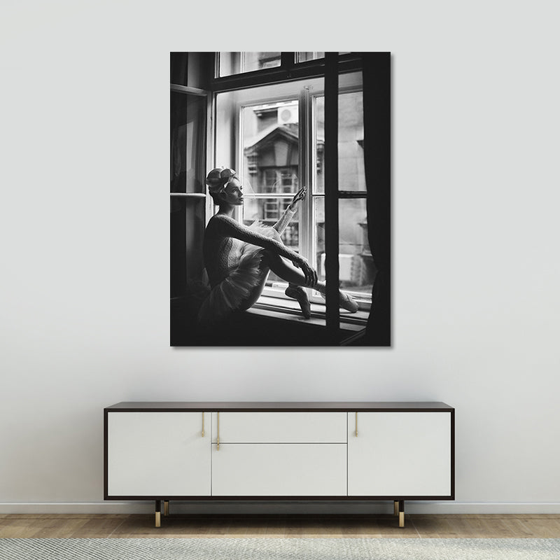 Nostalgic Canvas Wall Art Grey Photograph Ballet Dancer at the Window Wall Decor Clearhalo 'Arts' 'Canvas Art' 1654681