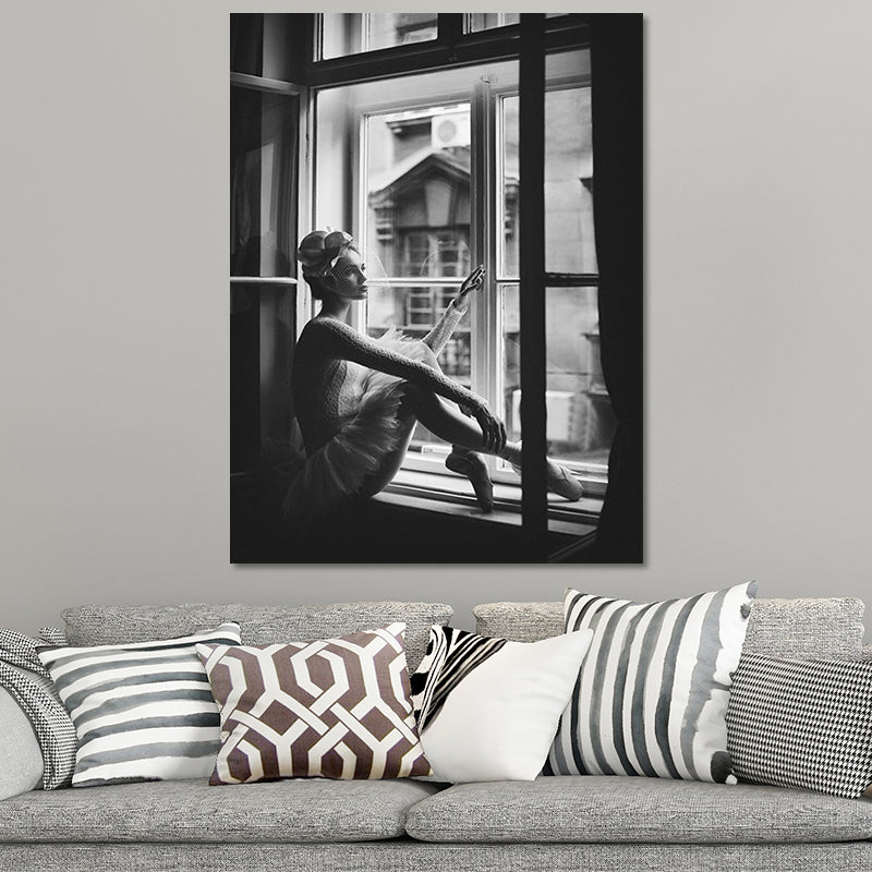 Nostalgic Canvas Wall Art Grey Photograph Ballet Dancer at the Window Wall Decor Clearhalo 'Arts' 'Canvas Art' 1654682