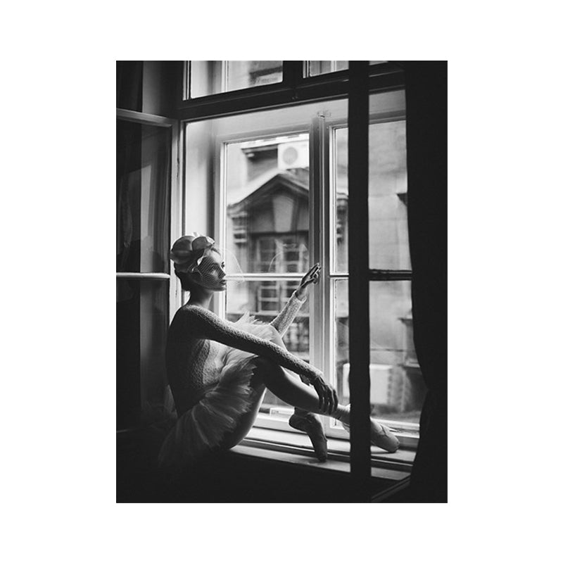 Nostalgische canvas muurkunst grijze foto balletdanser bij het raamwanddecor