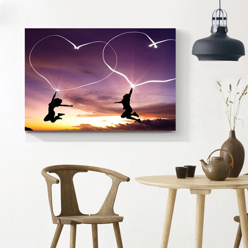 Purple Sunset Heart Shapes Canvas Textured Contemporary Dining Room Wall Art Purple Clearhalo 'Art Gallery' 'Canvas Art' 'Contemporary Art Gallery' 'Modern' Arts' 1654724