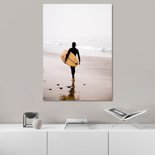 Canvas Yellow Art Print Contemporary Man with Surfboard on Beach Wall Decor for Home Yellow Clearhalo 'Art Gallery' 'Canvas Art' 'Contemporary Art Gallery' 'Modern' Arts' 1654745