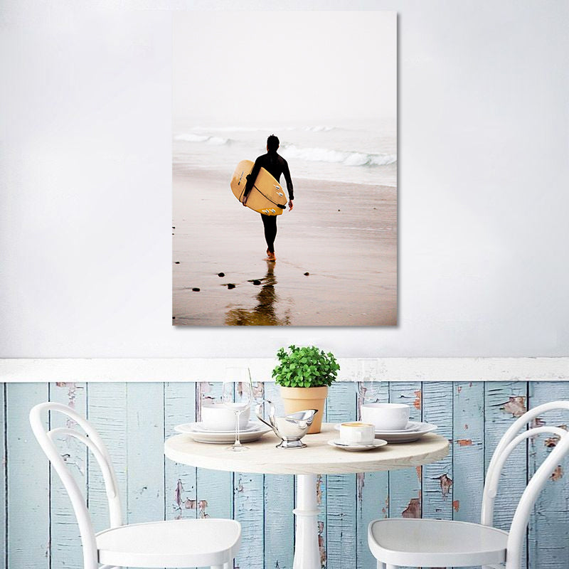 Canvas Yellow Art Print Contemporary Man with Surfboard on Beach Wall Decor for Home Clearhalo 'Art Gallery' 'Canvas Art' 'Contemporary Art Gallery' 'Modern' Arts' 1654746