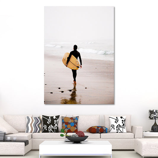 Canvas Yellow Art Print Contemporary Man with Surfboard on Beach Wall Decor for Home Clearhalo 'Art Gallery' 'Canvas Art' 'Contemporary Art Gallery' 'Modern' Arts' 1654747