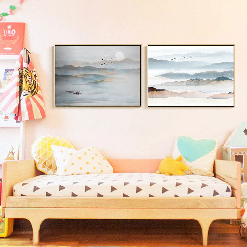 Chinese Foggy Mountains Wall Art Light Color Textured Canvas Painting for Bedroom Brown Clearhalo 'Arts' 'Canvas Art' 1654818