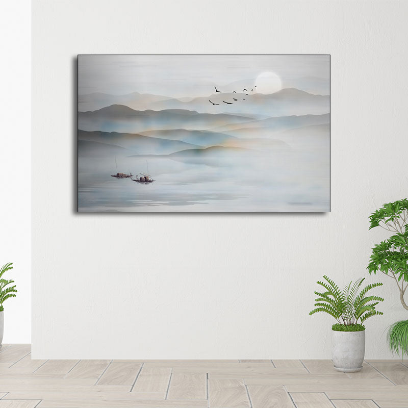 Chinese Foggy Mountains Wall Art Light Color Textured Canvas Painting for Bedroom Blue Clearhalo 'Arts' 'Canvas Art' 1654825