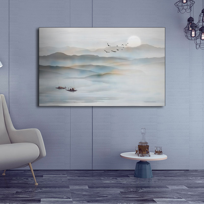 Chinese Foggy Mountains Wall Art Light Color Textured Canvas Painting for Bedroom Clearhalo 'Arts' 'Canvas Art' 1654826