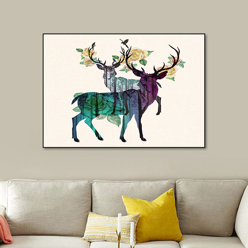 Purple Deers Canvas Print Animal Country Textured Surface Wall Art Above Bed Clearhalo 'Art Gallery' 'Canvas Art' 'Country Art Gallery' 'French Country' 'Rustic' Arts' 1654884