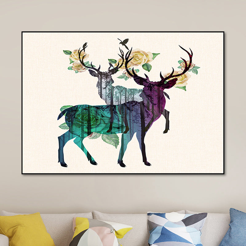 Purple Deers Canvas Print Animal Country Textured Surface Wall Art Above Bed Clearhalo 'Art Gallery' 'Canvas Art' 'Country Art Gallery' 'French Country' 'Rustic' Arts' 1654885