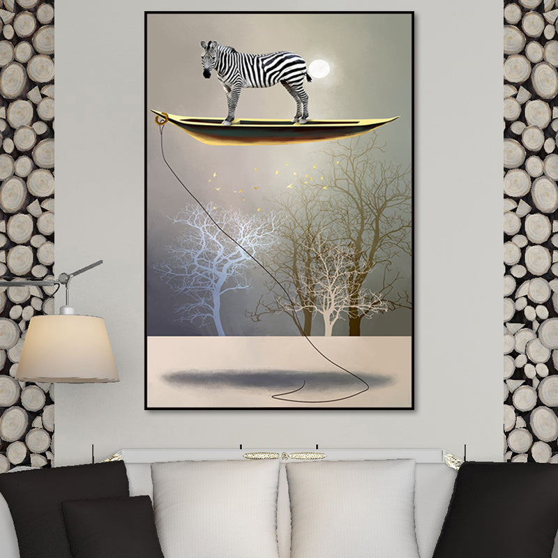 Rustic Moon Night Art Print Pastel Color Animal Standing on the Floating Boat Wall Decor Grey Clearhalo 'Art Gallery' 'Canvas Art' 'Country Art Gallery' 'French Country' 'Rustic' Arts' 1654912