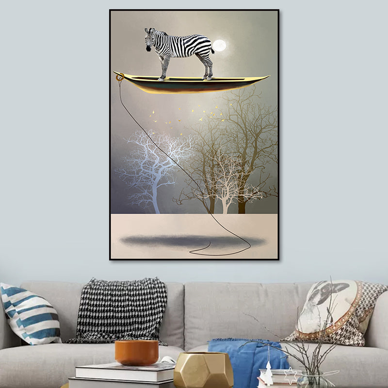 Rustic Moon Night Art Print Pastel Color Animal Standing on the Floating Boat Wall Decor Clearhalo 'Art Gallery' 'Canvas Art' 'Country Art Gallery' 'French Country' 'Rustic' Arts' 1654914