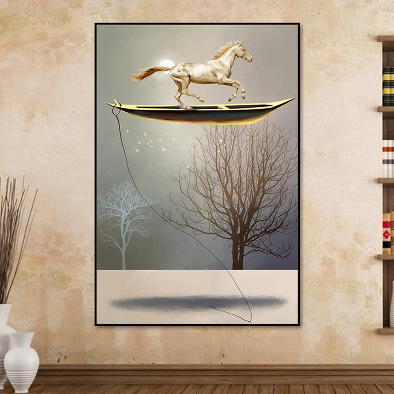 Rustic Moon Night Art Print Pastel Color Animal Standing on the Floating Boat Wall Decor White Clearhalo 'Art Gallery' 'Canvas Art' 'Country Art Gallery' 'French Country' 'Rustic' Arts' 1654919