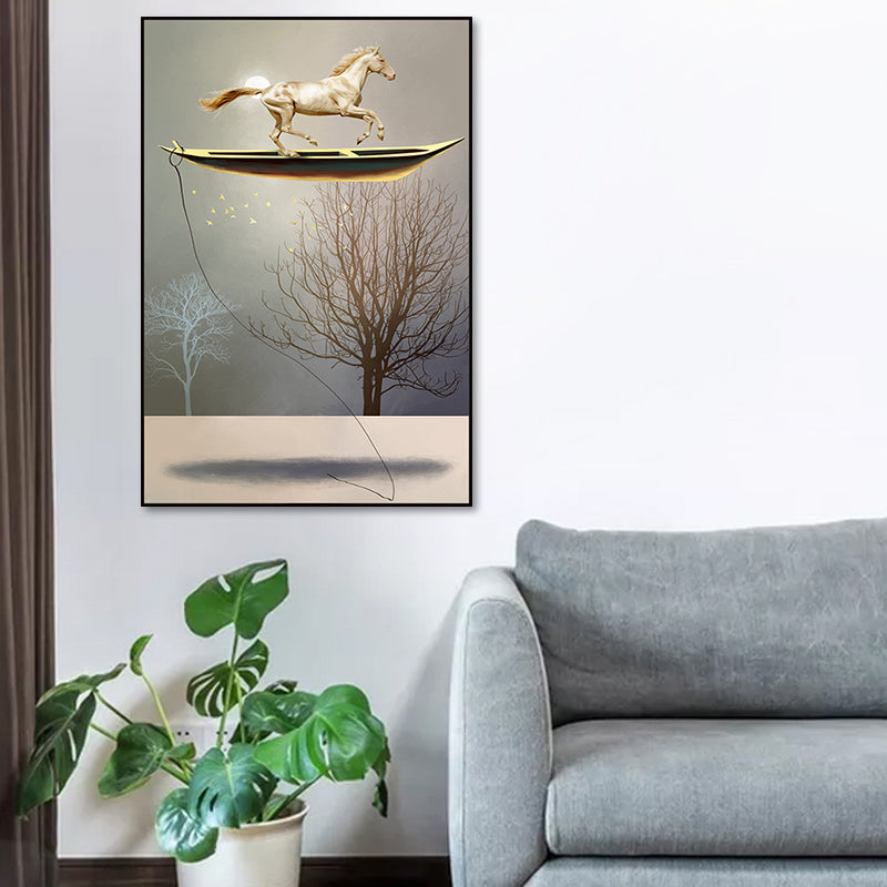 Rustic Moon Night Art Print Pastel Color Animal Standing on the Floating Boat Wall Decor Clearhalo 'Art Gallery' 'Canvas Art' 'Country Art Gallery' 'French Country' 'Rustic' Arts' 1654920