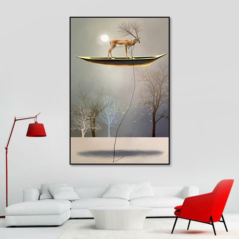 Rustic Moon Night Art Print Pastel Color Animal Standing on the Floating Boat Wall Decor Brown Clearhalo 'Art Gallery' 'Canvas Art' 'Country Art Gallery' 'French Country' 'Rustic' Arts' 1654923