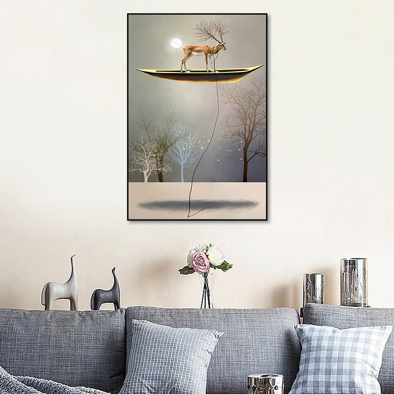 Rustic Moon Night Art Print Pastel Color Animal Standing on the Floating Boat Wall Decor Clearhalo 'Art Gallery' 'Canvas Art' 'Country Art Gallery' 'French Country' 'Rustic' Arts' 1654924