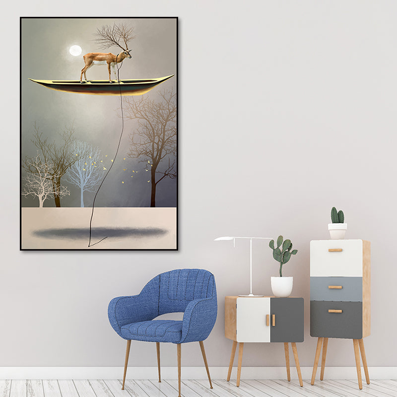 Rustic Moon Night Art Print Pastel Color Animal Standing on the Floating Boat Wall Decor Clearhalo 'Art Gallery' 'Canvas Art' 'Country Art Gallery' 'French Country' 'Rustic' Arts' 1654925