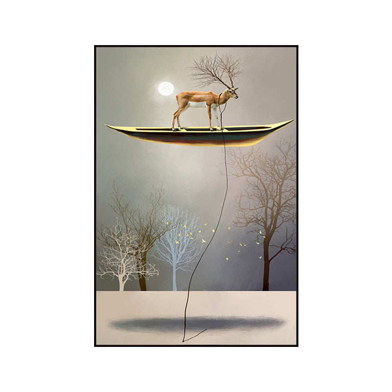 Rustic Moon Night Art Print Pastel Color Animal Standing on the Floating Boat Wall Decor Clearhalo 'Art Gallery' 'Canvas Art' 'Country Art Gallery' 'French Country' 'Rustic' Arts' 1654926