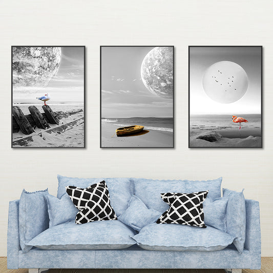 Seascape Wall Art Set Modern Sci-Fi Beach and Floating Planet Wrapped Canvas in Grey Grey Clearhalo 'Art Gallery' 'Canvas Art' 'Contemporary Art Gallery' 'Modern' Arts' 1654970