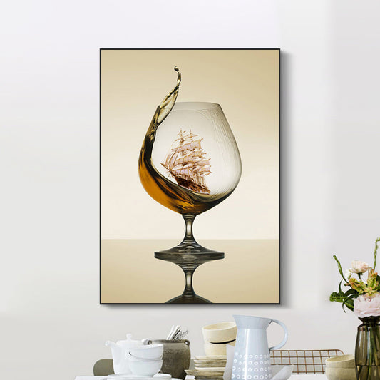 Modernism Canvas Wall Art in Brown Sailboat inside the Wine Glass Wall Decor for Kitchen Brown Clearhalo 'Art Gallery' 'Canvas Art' 'Contemporary Art Gallery' 'Modern' Arts' 1654984