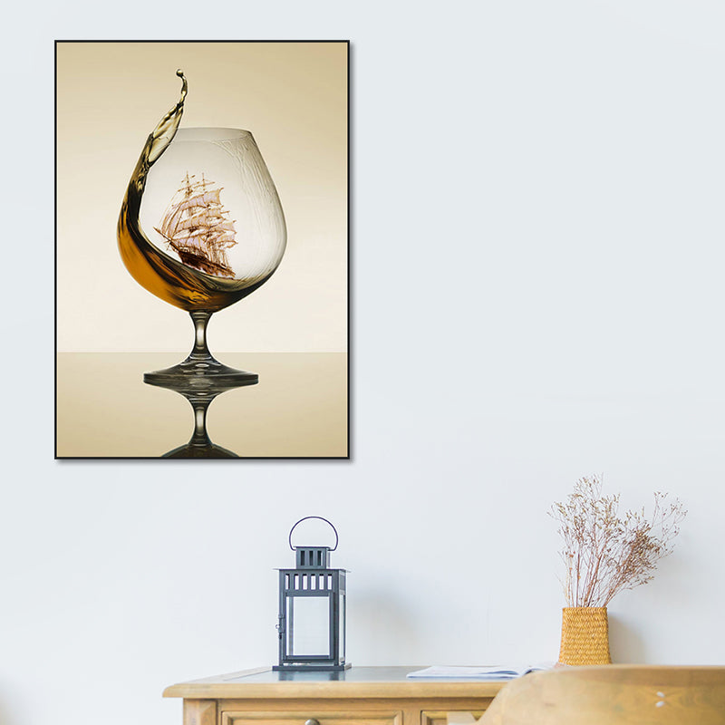 Modernism Canvas Wall Art in Brown Sailboat inside the Wine Glass Wall Decor for Kitchen Clearhalo 'Art Gallery' 'Canvas Art' 'Contemporary Art Gallery' 'Modern' Arts' 1654985