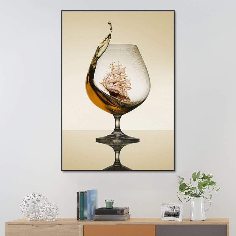 Modernism Canvas Wall Art in Brown Sailboat inside the Wine Glass Wall Decor for Kitchen Clearhalo 'Art Gallery' 'Canvas Art' 'Contemporary Art Gallery' 'Modern' Arts' 1654986