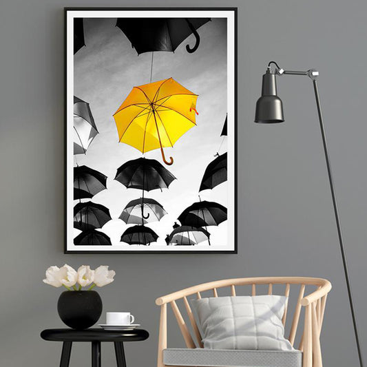 Photo Print Floating Umbrellas Canvas Textured Modern Bedroom Wall Art in Yellow-Black Yellow Clearhalo 'Art Gallery' 'Canvas Art' 'Contemporary Art Gallery' 'Modern' Arts' 1655002