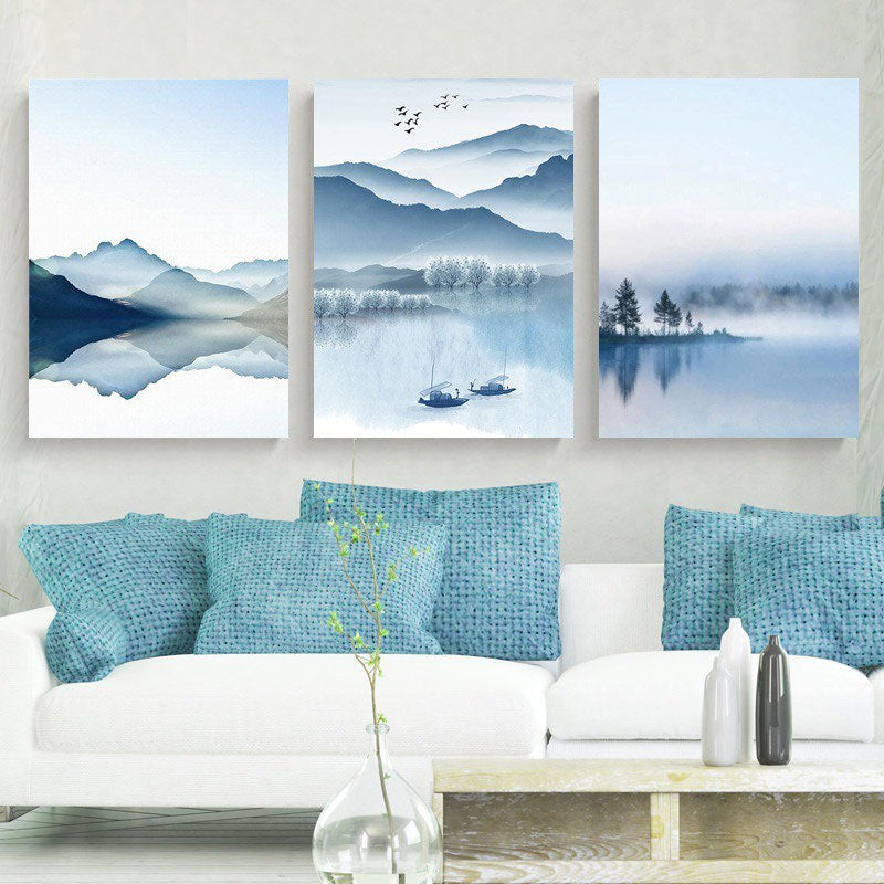 Mountain River Landscape Canvas Print in Blue Chinese Wall Art Set for Living Room - Blue - Clearhalo - 'Arts' - 'Canvas Art' - 1655043