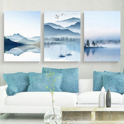 Mountain River Landscape Canvas Print in Blue Chinese Wall Art Set for Living Room Blue Clearhalo 'Arts' 'Canvas Art' 1655043