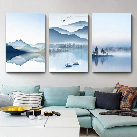 Mountain River Landscape Canvas Print in Blue Chinese Wall Art Set for Living Room - Clearhalo - 'Arts' - 'Canvas Art' - 1655044