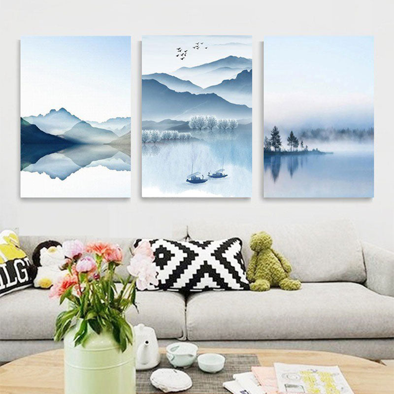 Mountain River Landscape Canvas Print in Blue Chinese Wall Art Set for Living Room - Clearhalo - 'Arts' - 'Canvas Art' - 1655045