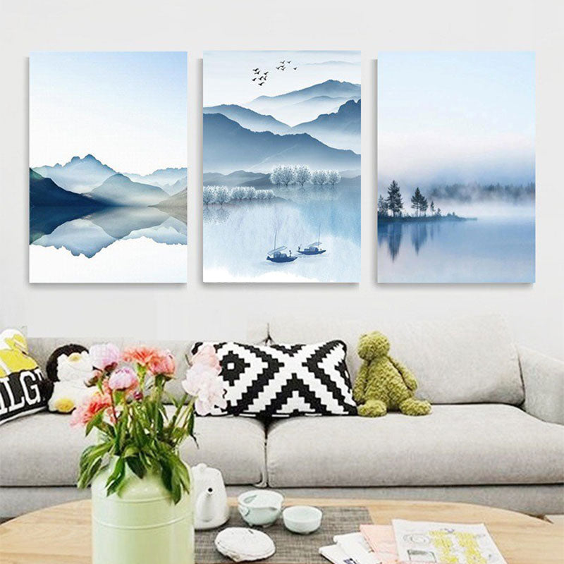 Mountain River Landscape Canvas Print in Blue Chinese Wall Art Set for Living Room Clearhalo 'Arts' 'Canvas Art' 1655045