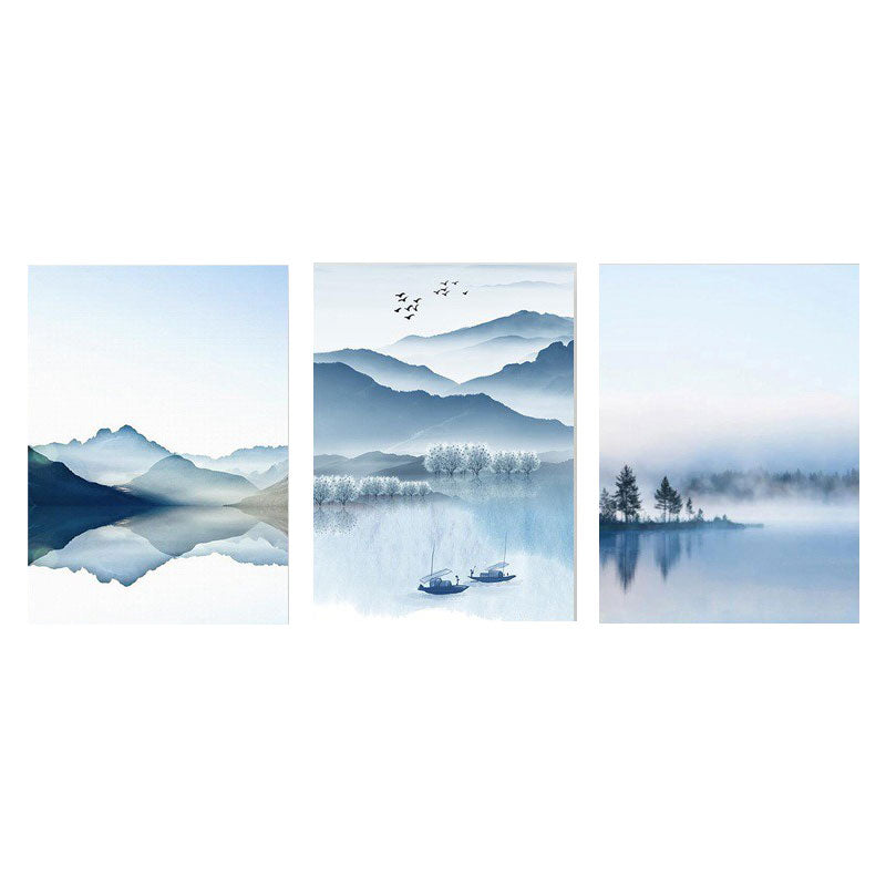 Mountain River Landscape Canvas Print in Blue Chinese Wall Art Set for Living Room - Clearhalo - 'Arts' - 'Canvas Art' - 1655046