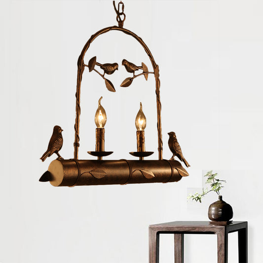 Lodge Birdcage Design Chandelier Lamp with Flameless Candle 2 Lights Wrought Iron Pendant Lighting in Dark Rust Rust Clearhalo 'Cast Iron' 'Ceiling Lights' 'Chandeliers' 'Industrial Chandeliers' 'Industrial' 'Metal' 'Middle Century Chandeliers' 'Rustic Chandeliers' 'Tiffany' Lighting' 165504