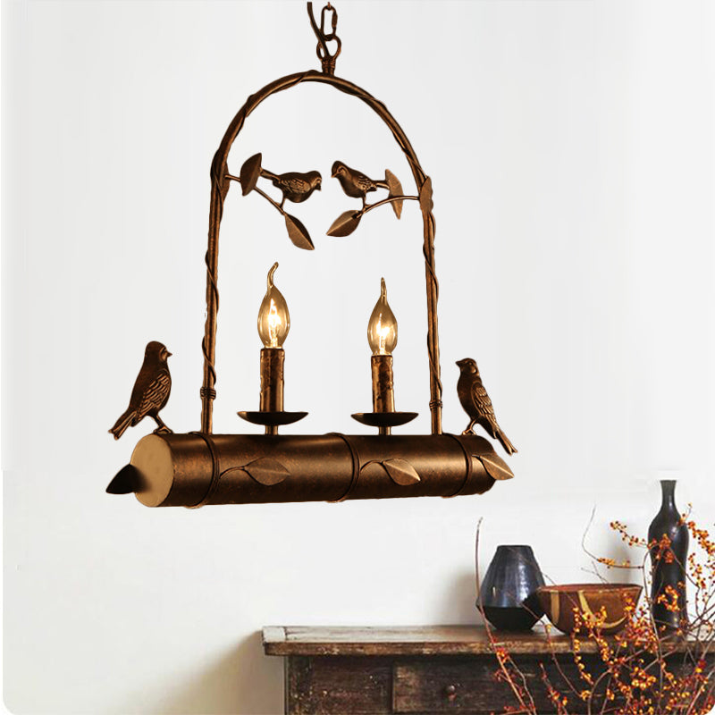 Lodge Birdcage Design Chandelier Lamp with Flameless Candle 2 Lights Wrought Iron Pendant Lighting in Dark Rust Clearhalo 'Cast Iron' 'Ceiling Lights' 'Chandeliers' 'Industrial Chandeliers' 'Industrial' 'Metal' 'Middle Century Chandeliers' 'Rustic Chandeliers' 'Tiffany' Lighting' 165505