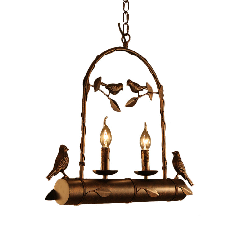 Lodge Birdcage Design Chandelier Lamp with Flameless Candle 2 Lights Wrought Iron Pendant Lighting in Dark Rust Clearhalo 'Cast Iron' 'Ceiling Lights' 'Chandeliers' 'Industrial Chandeliers' 'Industrial' 'Metal' 'Middle Century Chandeliers' 'Rustic Chandeliers' 'Tiffany' Lighting' 165506